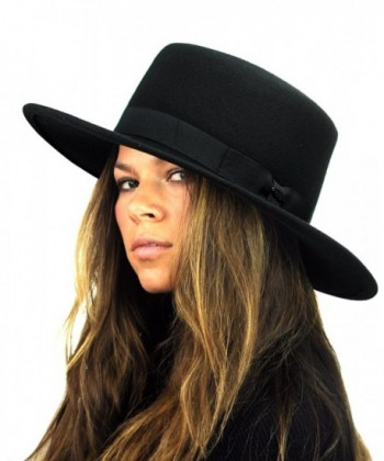 NYFASHION101 Wool Wide Brim Porkpie Fedora Hat w/ Simple Band Accent - Black - C912D022SKB