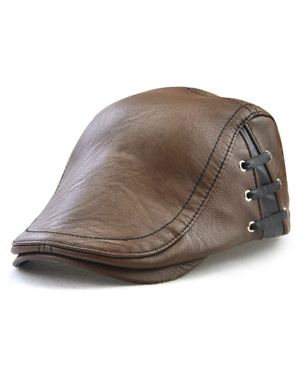 PU Leather Beret Hat Casquette Flat Visor Newsboy Cap For Men - Light Coffee - C3187MW3YHG