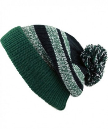 THE HAT DEPOT Winter Striped Cuffed Pom Pom Knit Soft Thick Beanie Skully Hat - Green-black - C012N42CTM3