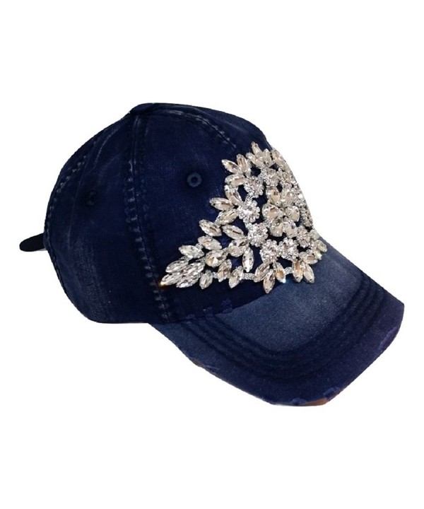 Olive & Pique Women's Large Horizontal Crystal Flower Distressed Baseball Cap - Navy - CP17Y0AWDIQ