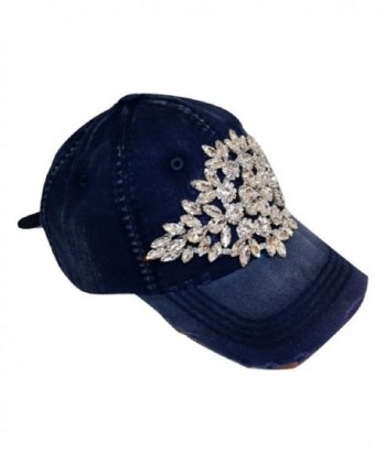 Olive & Pique Women's Large Horizontal Crystal Flower Distressed Baseball Cap - Navy - CP17Y0AWDIQ