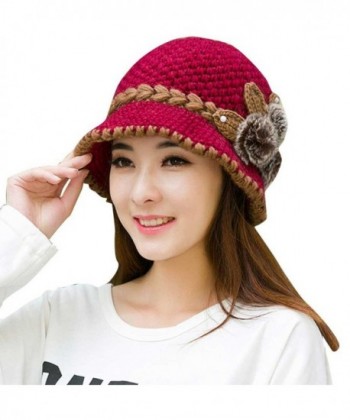 Highpot Women Flowers Warm Crochet Knitted Hat - Hot Pink - CY186HTHN0C