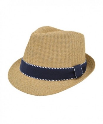 Premium Classic Fedora Straw Hat with Navy Striped Trim Band - Diff Colors Avail - Tan - CO12C74BPXJ