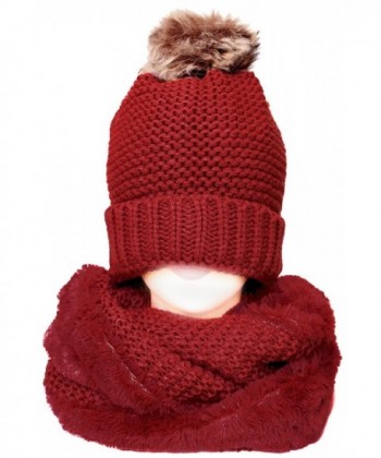 KMystic Thick Winter Slouch Hat and Infinity Scarf Set - Fur Pom Red - C3187409GKK