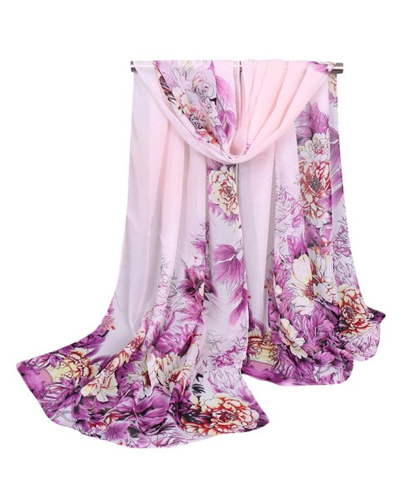 GERINLY Chiffon Women Scarves Peony Flowers Sheer Neck Scarf - Purplered - CK1827W3C8T