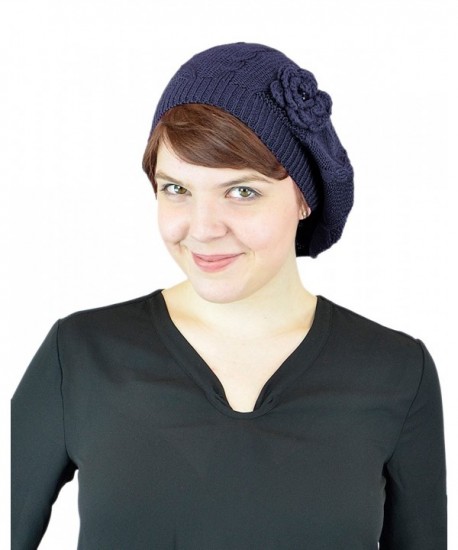 Belle Donne - Women's Mesh Crocheted Accented Stretch Beret Hat - Many Colors - Navy 4082 - CP12EZVVBYZ