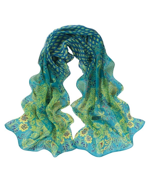 AMA(TM) Women Peacock Pattern Soft Silk Chiffon Scarf Long Wrap Shawl Scarves - Green - CP12OBQO8Y1