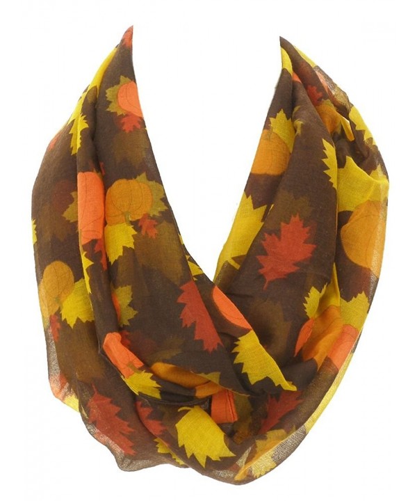 DivaDesigns Women's Light Thin Autumn Leaves and Pumpkins Theme Infinity Scarf - Dark Brown - C411P9IOYAB