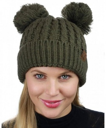 C.C 2 Ear Pom Pom Cable Knit Soft Stretch Cuff Skully Beanie Hat - Dark Olive - CL186YU3SHK