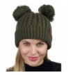 C.C 2 Ear Pom Pom Cable Knit Soft Stretch Cuff Skully Beanie Hat - Dark Olive - CL186YU3SHK