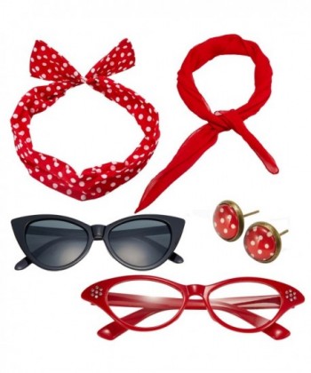 50's Costume Accessories Set Chiffon Scarf Cat Eye Glasses Bandana Tie Headband and Earrings - Red - CC185N7MYK2