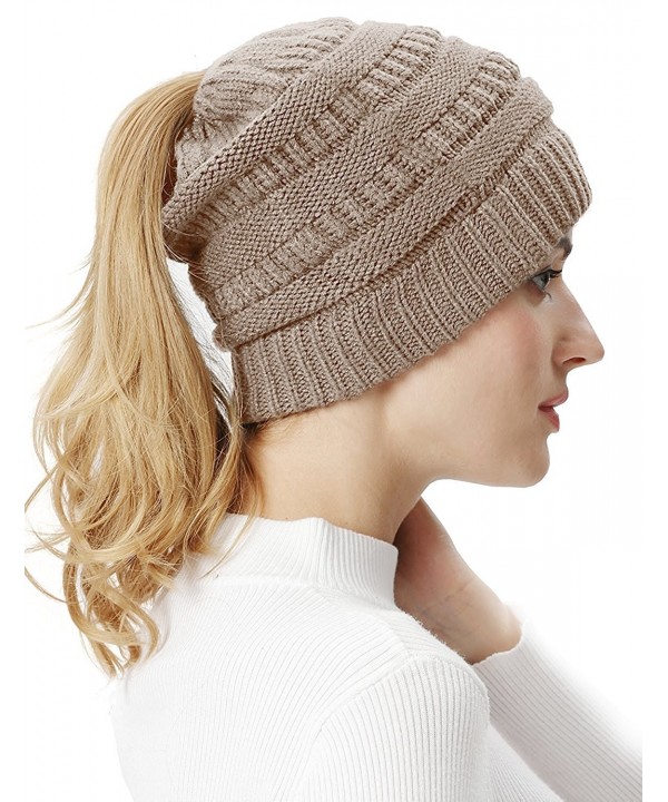 Lovful Women's Winter Cable Knit Warm Ponytail Beanie Hat - Camel - CR188N5IGMZ