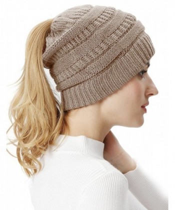 Lovful Women's Winter Cable Knit Warm Ponytail Beanie Hat - Camel - CR188N5IGMZ