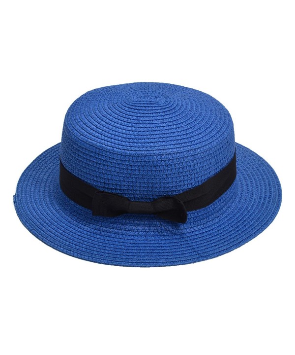 Lawliet Womens Straw Boater Hat Fedora Panama Flat Top Ribbon Summer A456 - Royal Blue - CW185NZHAK5