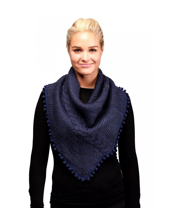 Women's Knitted Loop Tube Infinity Collar Scarf with Pom Poms - Navy - CJ188LEUQYD