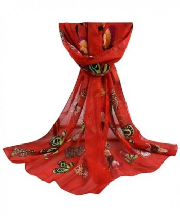 Leewa New Trendy ! Women Long Shawl Chiffon Butterfly Print Scarf - Red - C912OHZL9KO