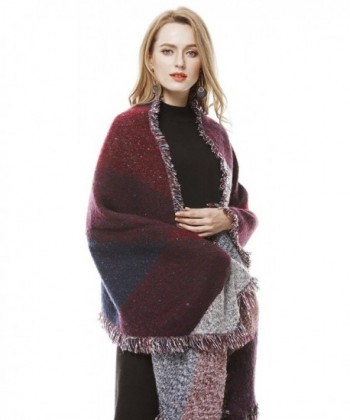 Women's Winter Thick Knit Long Shawl Cape Poncho Stylish Fringe Plaid Scarf - Dark Red - CM127YTC5FJ