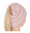 Plum Feathers Beanie Tail Soft Stretch Cable Knit Messy High Bun Ponytail Beanie Hat - Rose Metallic - C6188AL7YYE