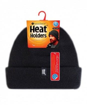 Heat Holders - Men's Thermal Fleece Lined Turn Over Cuff Winter Hat - Black - C01220W9W6P