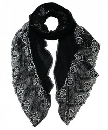 Dahlia Women's Fashion Scarf - Stylish Flowers Design - Lace Edge: Black - CT11CM9WRMN