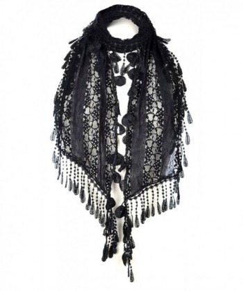 AN Lace Scarf Romantic Unique Duo Tassels Circle Teardrops Fringe Womens Fashion - Black - CS12OBR8DHK