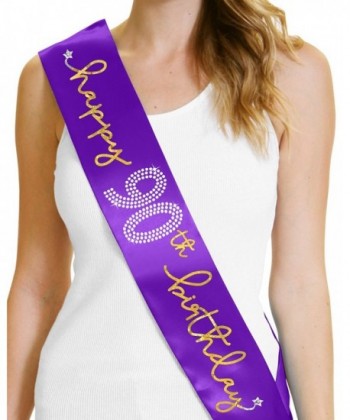 Birthday Girl "Happy 90th Birthday" Gold Foil & Rhinestone Sash - RhinestoneSash - Purple - CK12OBMUXS2