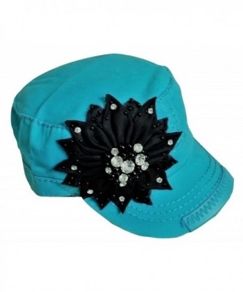 Olive & Pique Womens Rhinestone Fabric Flower Military Cadet Hat - Turquoise - CP1849NNA7Z