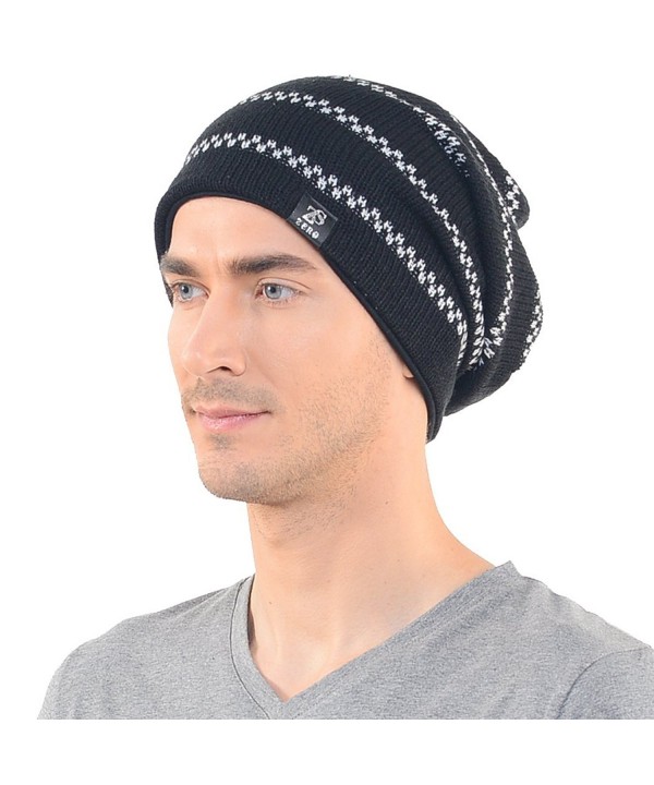 Mens Black Slouch Beanie Long Knit Cap Skull Winter Hat - CE11OOWEC1Z