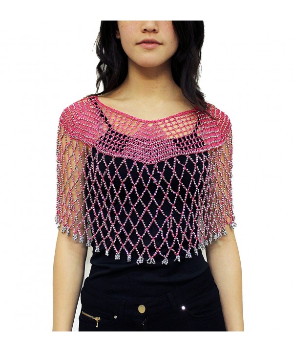 Women's Beaded Sparkle Crochet V-Neck Shawl - 4 Colors - Pink - CB18928KA6Z