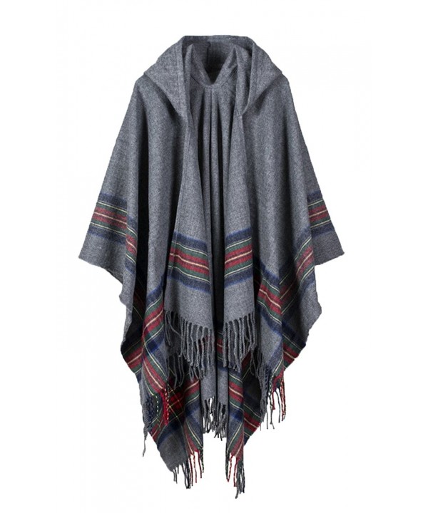 Hiwil Women Cashmere Hooded Cardigans Stripe Ponchos Cold Weather Scarves with Tassels One Size - Gray - CN185Q34LMZ
