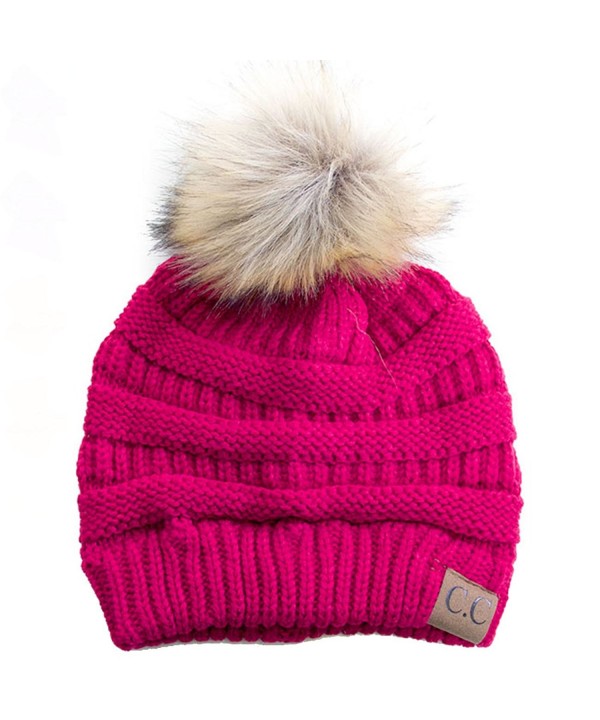 ScarvesMe CC Soft Stretch Cable Knit Ribbed Faux Fur Pom Pom Beanie Hat - Hot Pink - CF185RXYSHQ