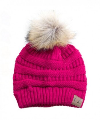 ScarvesMe CC Soft Stretch Cable Knit Ribbed Faux Fur Pom Pom Beanie Hat - Hot Pink - CF185RXYSHQ