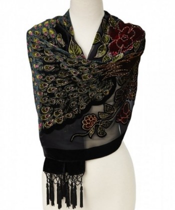 Pashmina Peacock Beaded Velvet Silk Tassels Embroidered Scarf Wrap Shawl - Black - CA12MS5DAQB