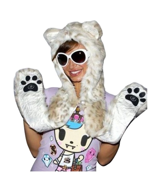 Julvie Faux Fur Full Animal Hood Hoodie Hat 3-in-1 Mittens Scarf Spirit Paws Ears - Snowleopard - CE12NTKQFUQ