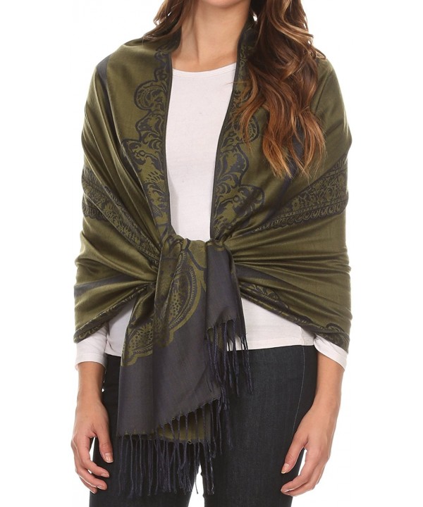 Sakkas Maela Long Extra Wide Traditional Patterned Fringe Pashmina Shawl / Scarve - Green Navy - CA12LN81LCF