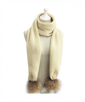 LITHER Women Winter Knitted Scarf Detachable Large Real Raccoon Fur Pom Pom - Beige - CX12N4Q2LC6