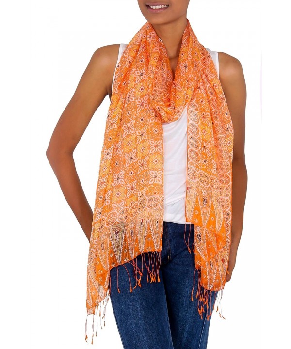 NOVICA Orange Hand Made Floral 100% Silk Shawl- 'Ginger Jasmine' - CQ11D8Y3HAB