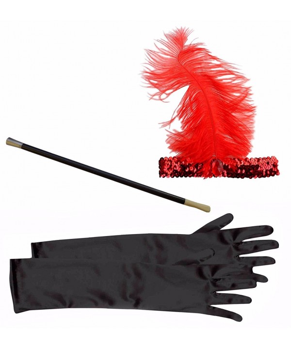 Red 20s Flapper Gangster Silver Sequin Headband + Cigarette Holder + Black Gloves - Red - CI12LJEH1W7
