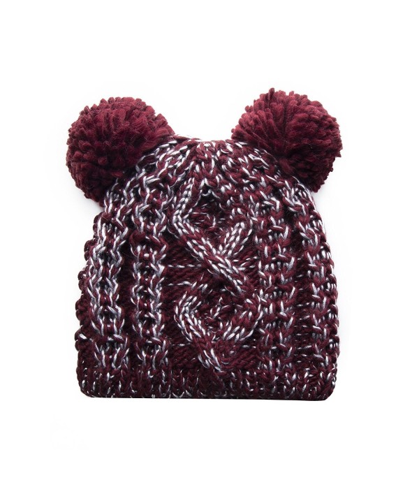 Puli Women's Winter Chunky Knit Silver Thread Double Pom Pom Beanie Hat - Winered - C31896OR3U9