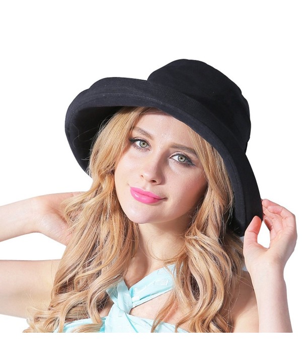 CACUSS Women's UPF 50+ Foldable Linen Hat Big Brim with Big Bowknot - Black - CJ12O8D4FUY