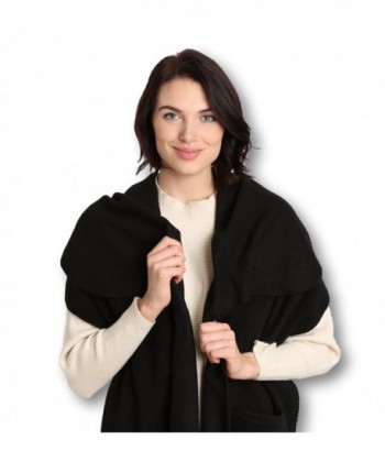 Pembrook Polar Fleece Shawl Wrap Pashmina Scarf - Fringe Trim and Embroidery - Black - CF11N1BYU0N