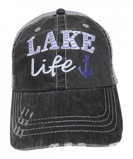 Embroidered "Lake Life" Distressed Look Grey Trucker Cap Hat - Purple Anchor - C812MCP0JPX