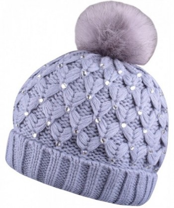 Winter Pom Pom Beanie Beanies For Women Pompom Knit Hat With Bling Rhinestone - Gray - C8187C0EADX