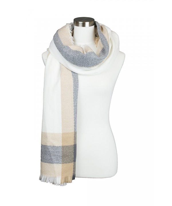 Womens Plaid Multi Line Color Contrast Design Soft Warm Fall Winter Oblong Scarf - Ivory - C01852EXGQK