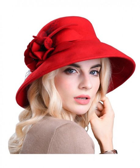 Maitose Women's Wide Brim Wool Felt Bowler Hat - Red - CV12MCI8NM1