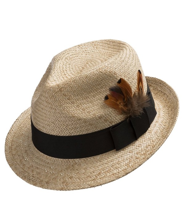 Ultrafino Fedora Sedona Straw Panama Hat Trilby With Feather - Natural - C0125WDAAVX