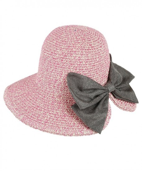 ICSTH Womens Floppy Summer Sun Beach Straw Hat With Big Bow Back UPF50 Foldable Wide Brim Hat - Pink - C9185I9E7OI