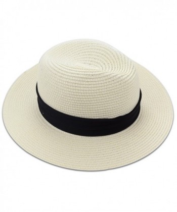 Medium Floppy Wide Brim Women's Summer Sun Beach Straw Hat with Black Striped Band - Ivory - C4121VSHPVN