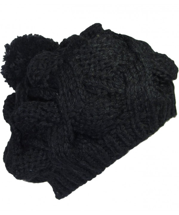 KMystic Cable Knitted with Pom Pom Thick Slouch Beret Winter Hat - Black - CG11IYXGECZ