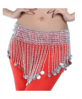 ZYZF Beaded Elastic Waist Rave Belly Dance Skirt Hip Scarf Costume - Silver - CK12G7AV5UB